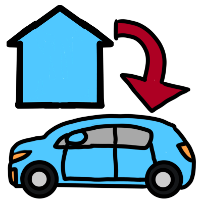 a red arrow pointing from a blue house shape to a car the same shade of blue.